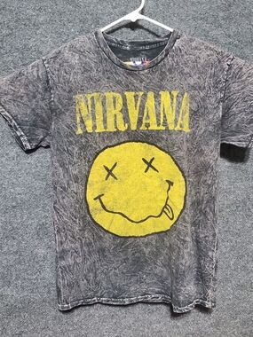 Nirvana Dead Smiley Face Acid Wash Shirt Mens Medium Gray Grunge Rock Band Retro